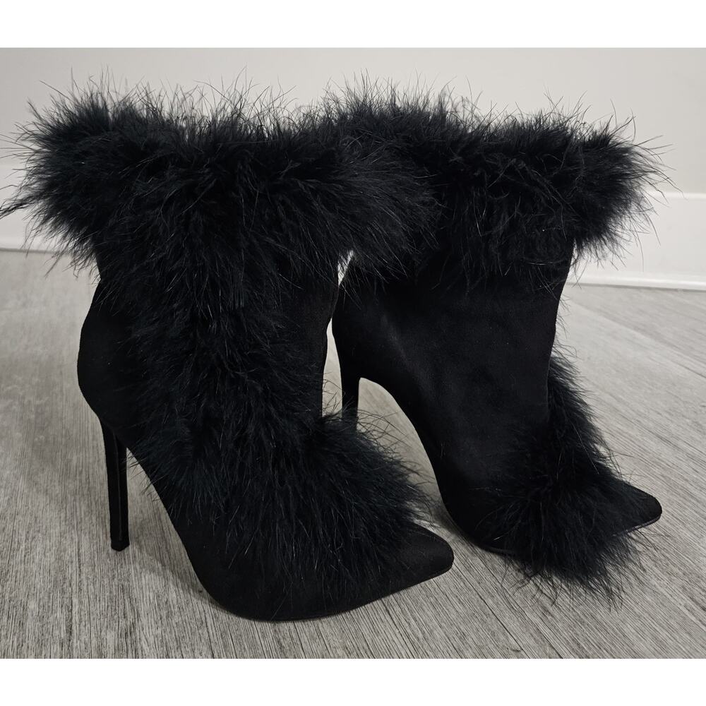 Lemon Drop Black Faux Fur Stiletto Heels Women’s Size 8 Pointed Toe Ankle Boots